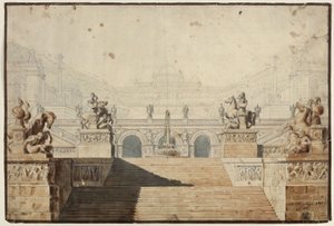 Armida. Opera av Christoph Willibald Gluck. Skiss till den 1:a dekorationen. Palats med trappanläggning av Karl Friedrich Schinkel