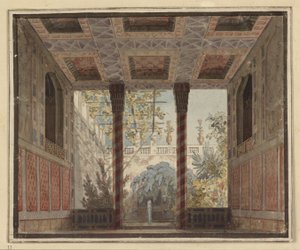 Axur, kung av Ormus. Opera av Antonio Salieri. Förslag till den 6:e dekorationen. Astasias trädgårdsrum av Karl Friedrich Schinkel