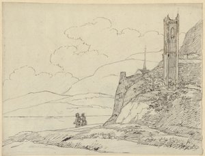 Bergslandskap med tornruiner och figurer av Karl Friedrich Schinkel