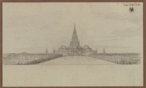 Berlin. Förslag till en katedral som minnesmärke över befrielsekrigen (Befrielsekatedralen), med korsningstorn och kupoler över tvärskeppets armar av Karl Friedrich Schinkel