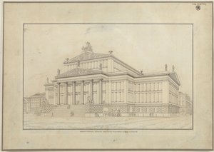 Berlin. Schauspielhaus vid Gendarmenmarkt. Perspektivisk vy av framsidan av Karl Friedrich Schinkel
