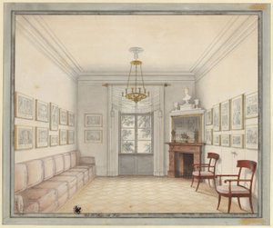 Berlin. Charlottenburgs slott, slottsparken, Nya paviljongen (Schinkelpaviljongen). Vy över Vita rummet som förebild för utformningen av rummen på övre våningen av Karl Friedrich Schinkel