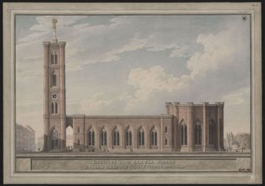 Berlin, Spittelmarkt. Förslag till Sankt Gertruds kyrka. Exteriörvy av Karl Friedrich Schinkel