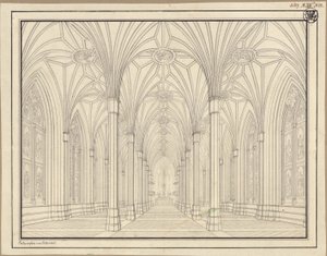 Berlin, Spittelmarkt. Förslag till Sankt Gertruds kyrka. Interiörvy genom långhuset mot koret av Karl Friedrich Schinkel