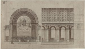 Berlin, Unter den Linden. Förslag till en sal för Sing-Akademie i Konstakademiens bakre flygel. Tvärsnitt och längdsnitt av Karl Friedrich Schinkel