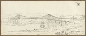 Utsikt över hängbron över Menaisundet nära Bangor i Wales av Karl Friedrich Schinkel