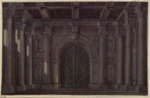 Bruden från Messina. Sorgespel av Friedrich Schiller. Utkast till den 1:a och den sista dekoren. Hall med kolonner och portal av Karl Friedrich Schinkel