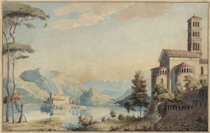 Dekoration för allmänt bruk. Landskap med sjö och kyrka av Karl Friedrich Schinkel
