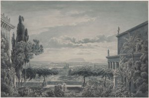 En furstes residens. Fursteparets privata trädgård med utsikt över staden och havet av Karl Friedrich Schinkel