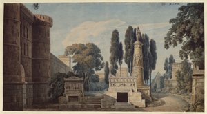 Vestalen. Opera av Gaspare Spontini. Utkast till den 3:e dekoren. Utsikt över en antik romersk gravgata av Karl Friedrich Schinkel