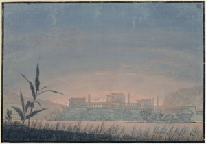 Trollflöjten. Opera av Wolfgang Amadeus Mozart. Förslag till den 10:e dekorationen. Landskap med Sarastros borg av Karl Friedrich Schinkel