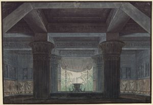 Trollflöjten. Opera av Wolfgang Amadeus Mozart. Skiss till den 3:e dekoren. Sal i Sarastros borg av Karl Friedrich Schinkel