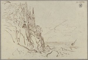 En gotisk kyrka vid en brant havskust framför den uppgående solen av Karl Friedrich Schinkel
