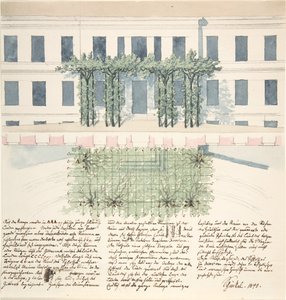 Höjd och plan över en byggnads fasad, 1840. av Karl Friedrich Schinkel