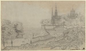 ”Utformning till en teaterdekoration, en katedral på höjden över en stor stad vid havet” / Stor komposition såsom Milanos domkyrka borde vara placerad av Karl Friedrich Schinkel