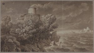 Klipprig havskust med en fyr i antikiserande stil i upprörd sjö av Karl Friedrich Schinkel
