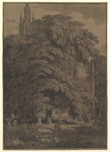 Gotisk kyrka gömd av ett träd, 1810. av Karl Friedrich Schinkel