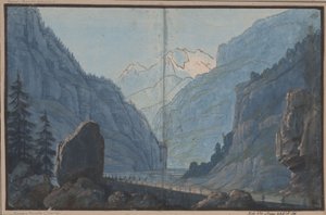 Herrmann och Thusnelda. Skådespel av August von Kotzebue. Utkast till den 5:e dekoren. Bergsväg av Karl Friedrich Schinkel
