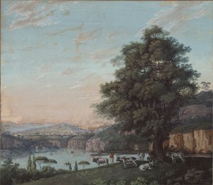 Italienskt ideallandskap med träd, hjord och berg av Karl Friedrich Schinkel