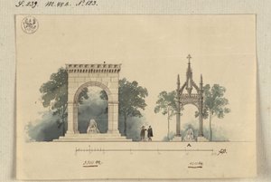 Lützen. Förslag till ett monument över kung Gustav II Adolf av Sverige som en på fyra sidor öppen arkadhall och som ett tabernakel över den svenska stenen av Karl Friedrich Schinkel