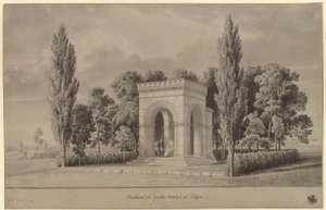 Lützen. Utkast till ett monument över Sveriges kung Gustav II Adolf i form av en romansk hall över Svenskstenen med en tillbyggd absid. Vy av Karl Friedrich Schinkel