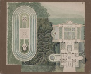 Potsdam-Sanssouci. Antikt lantställe vid Charlottenhofs slott. Situationsplan och planritning av Karl Friedrich Schinkel