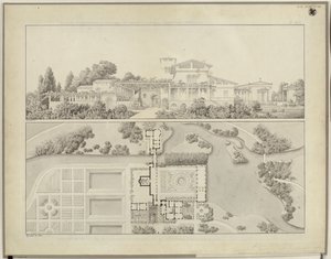 Potsdam-Sanssouci. Romerska bad vid Charlottenhofs slott. Vy från väster och planritning över trädgårdsmästarens hus av Karl Friedrich Schinkel
