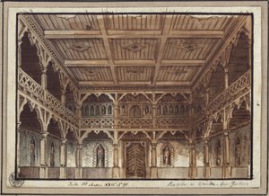 Ratibor och Wanda. Skådespel av Jakob Andreas Konrad Levezow. Skiss till den 2:a dekoren. Kvinnornas gemak i borgen av Karl Friedrich Schinkel