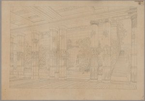Orianda slott på Krim. Antik utformning. Perspektivisk vy över kejserhovets portik med bassäng och museum av Karl Friedrich Schinkel