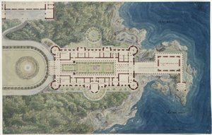 Orianda slott på Krim. Moskovitiskt utkast. Planritning med omgivningar av Karl Friedrich Schinkel