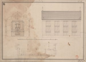Tillendorf (Bolesławice, regeringsdistriktet Liegnitz). Förslag till den evangeliska kyrkan. Planritning, uppställning av sidofasaden och tvärsnitt av Karl Friedrich Schinkel