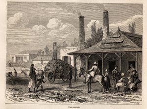 En sockerfabrik från Riviere du Rempart, i Mauritius, ritning av Karl Girardet (1813-1871), för att illustrera Alfred Verneys vistelse på Mauritius 1861. Gravyr i "" Le tour du monde", redigerad av Edouard Charton