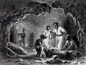 Arkeologiska upptäckter i Samouns grottor, gravyr baserad på ritning av Karl Girardet (1813-1871)