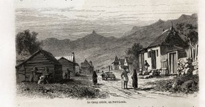 Lägret kreol, i Port Louis, teckning av Karl Girardet (1813-1871), för att illustrera Alfred Verneys vistelse på Mauritius 1861. Gravyr i "" Le tour du monde", redigerad av Edouard Charton av Karl Girardet
