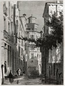 Bianca Cappellos palats i Venedig, Venedig. teckning av Karl Girardet (1813-1871), för att illustrera Adalbert de Beaumonts resa till Venedig, omkring 1850. Gravyr i "" Le tour du monde", redigerad av Edouard Charton av Karl Girardet