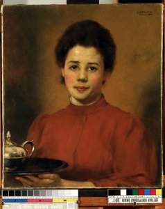 ""ung kvinna i rött"" porträtt av en kvinna som bär en bricka med en silvertekanna. (En kvinna i rött) Målning av Karl (Carl) Gusov (1843-1907) 1904 Mikalojus Konstantinas Ciurlionis Fine Arts Museum, Kaunas, Litauen
