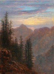 ""Berglandskap i skymningen" Målning av Carl Gustav Carus (1789-1869) 1800-talet Olja på duk Dim 20,6x15,1 cm Privat samling