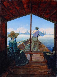 ""Tidig morgon på Elbe"" båttur på Elbe nära Dresden (Barge Trip on the Elbe near Dresden (Morning on the Elbe) Målning av Carl Gustav Carus (1789-1869) Olja på duk 1827 Dim 29x22 cm Museum Kunstpalast, Düsseldorf