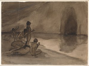 Nakna människor på Aurvangalandets strand ser båten med Heimdal komma