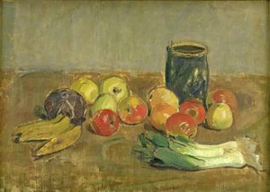 Fortfarande liv. Äpplen, purjolök, bananer och grön burk