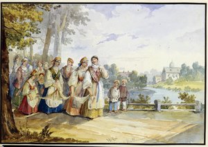Ryska bondflickor med festivalklänning. Verk av Karl Ivanovich Kolmann (1786-1846), akvarell på kartong