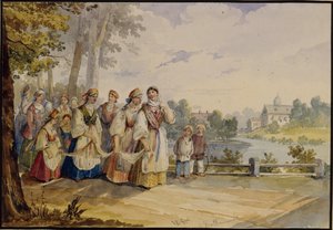 Ryska bondflickor med festklänning, 1845
