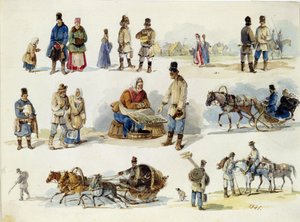 Ryska folktyper. (Folktyper av Ryssland). Verk av Karl Ivanovich Kolmann (1786-1846), akvarell på kartong