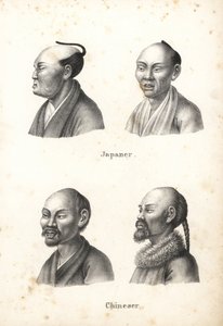 Byster av japanska män med chonmage topknotfrisyr och kinesiska män med skägg, en med pigtail. Litografi av Karl Joseph Brodtmann ur Heinrich Rudolf Schinz