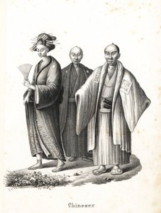 Japansk oiran och samurajer. Japansk kurtisan i kimono med solfjäder och hårprydnader, och två japanska samurajer i chonmage-frisyr som bär montsuki över hakama med två svärd (katana) i bältet. (Bititlad kinesiska av misstag.) Litografi av Karl Joseph
