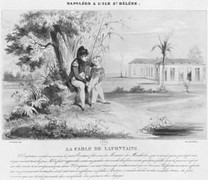 Napoleon I (1769-1821) på ön St. Helena, som förklarar fablerna om Jean de La Fontaine för Tristan de Montholon, graverade av Villain
