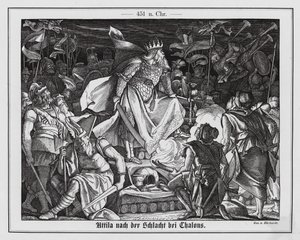 Attila hunnen efter slaget vid Chalons, 451 (gravyr)
