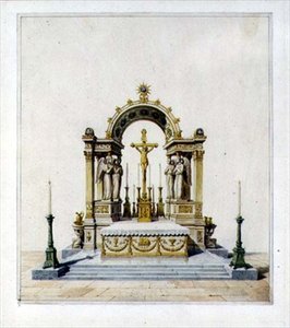 Design för ett nyklassiskt högaltare (penna & bläck och akvarell på papper) av Karl Ludwig Wilhelm Zanth