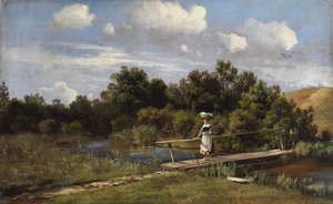 Sommarlandskap med en tvätterska på en bro