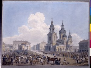 Hay Market Place och The Assumption Church i St Petersburg. Verk av Karl Petrovich Beggrov (1799-1875), akvarell på papper